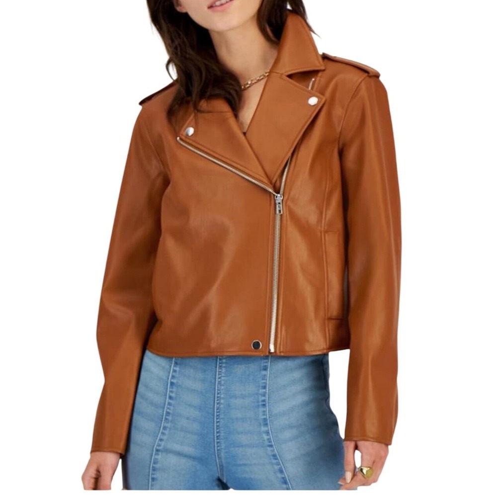 INC Moto Jacket Women Small Cognac Brown Faux Leather Biker Asymmetrical Zip